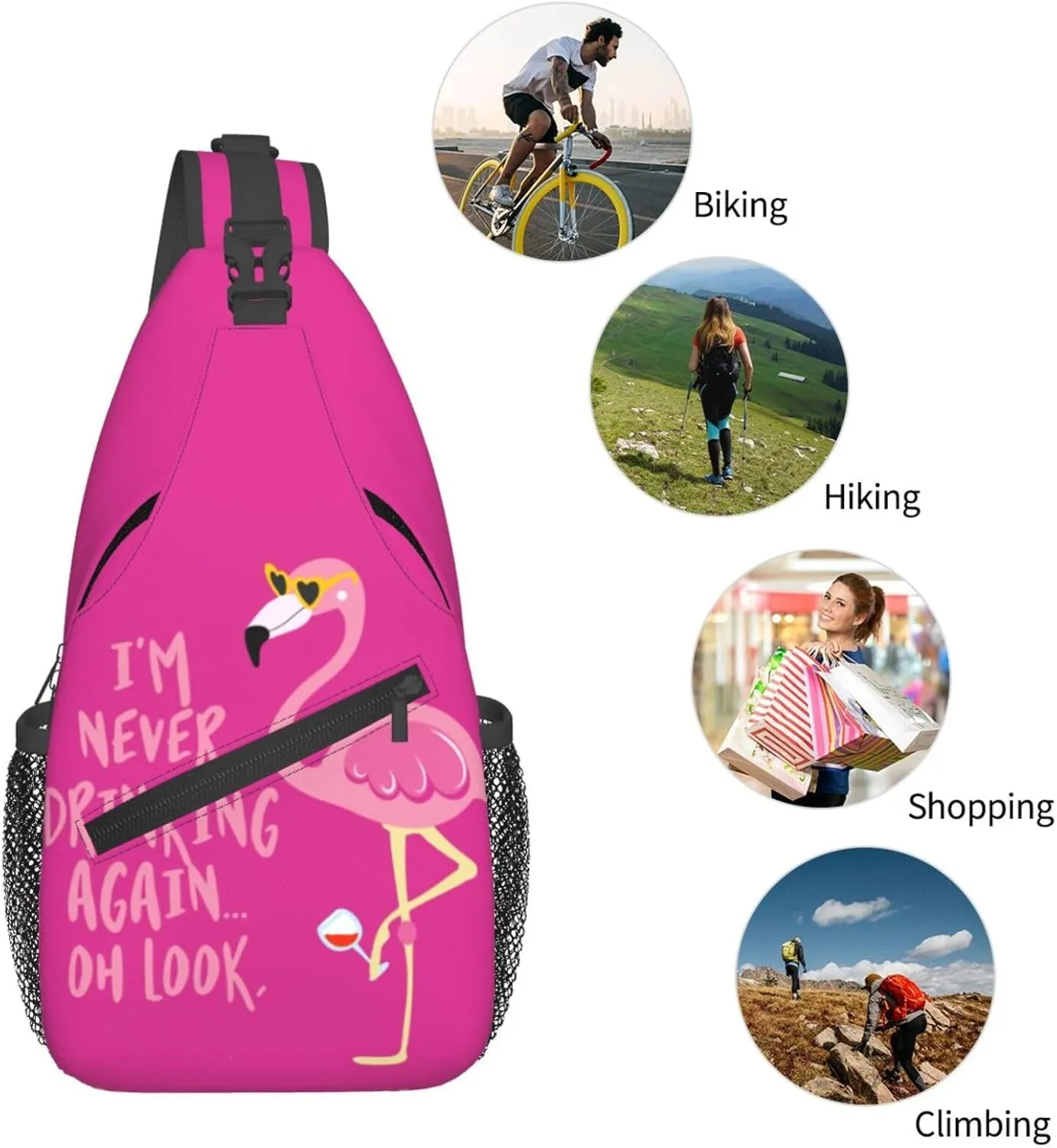 Flamingo Never Drinking Again Look Wine Cute Phrase Hangover Chest Sling Bag Crossbody Shoulder Backpack Bag Gym Cycling Daypack Travel Hiking Cross Bag