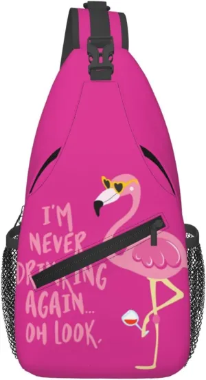 Flamingo Never Drinking Again Look Wine Cute Phrase Hangover Chest Sling Bag Crossbody Shoulder Backpack Bag Gym Cycling Daypack Travel Hiking Cross Bag