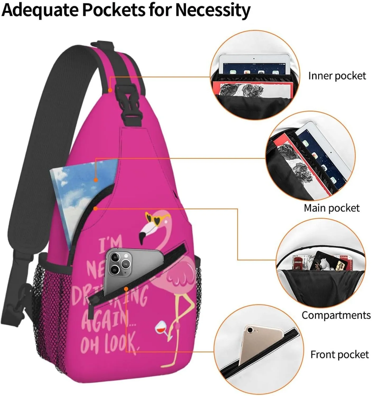 Flamingo Never Drinking Again Look Wine Cute Phrase Hangover Chest Sling Bag Crossbody Shoulder Backpack Bag Gym Cycling Daypack Travel Hiking Cross Bag