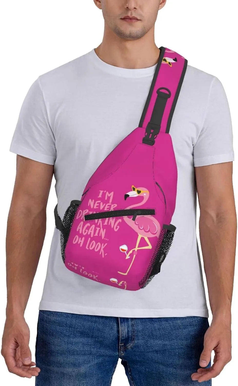 Flamingo Never Drinking Again Look Wine Cute Phrase Hangover Chest Sling Bag Crossbody Shoulder Backpack Bag Gym Cycling Daypack Travel Hiking Cross Bag