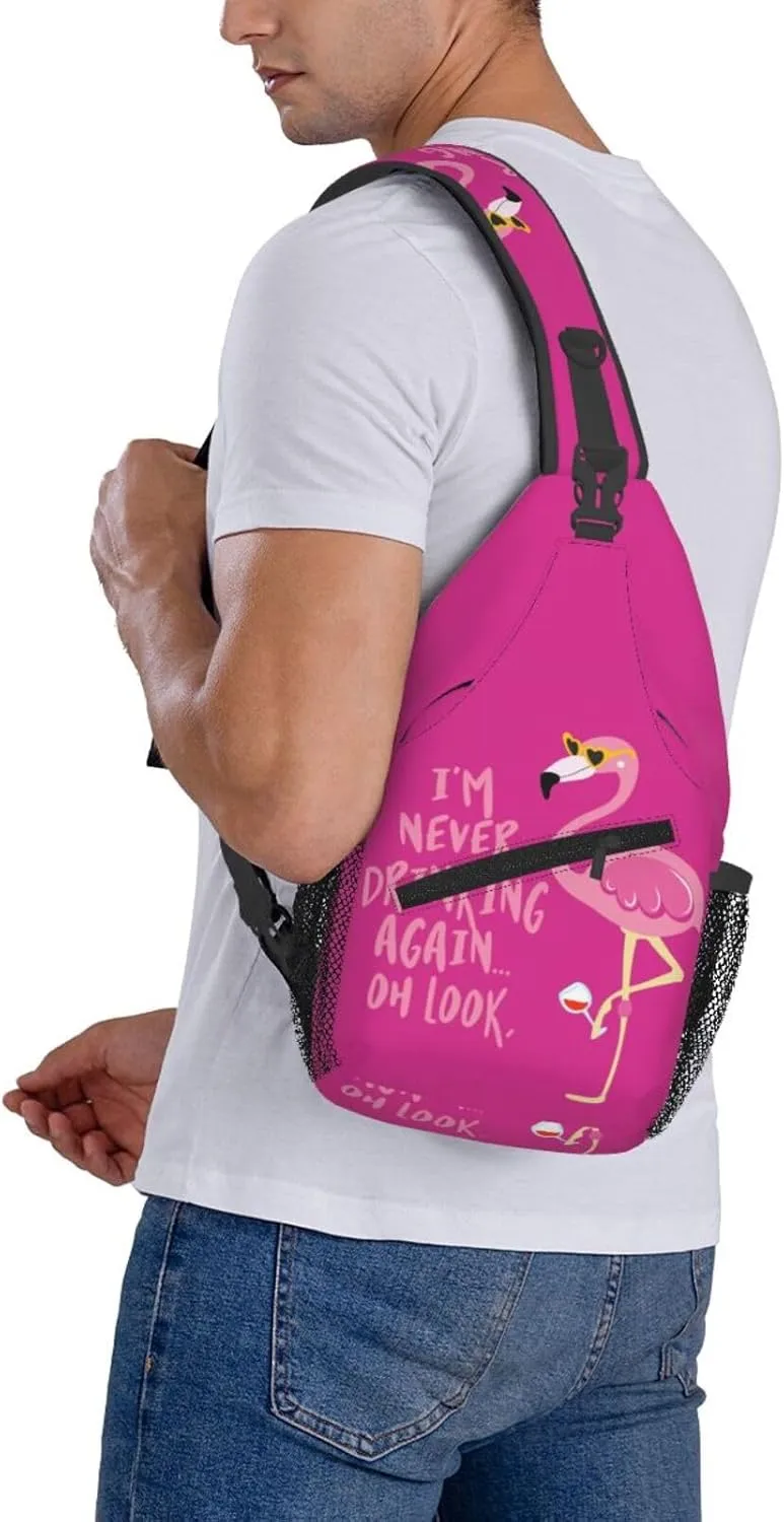 Flamingo Never Drinking Again Look Wine Cute Phrase Hangover Chest Sling Bag Crossbody Shoulder Backpack Bag Gym Cycling Daypack Travel Hiking Cross Bag