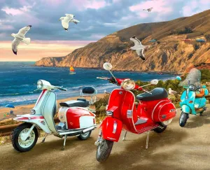 FlashPhoenix Quality Sewing Fabric – 35 x 44 Inches Panel - Digital Cobble Hill Beach Scooter Scene