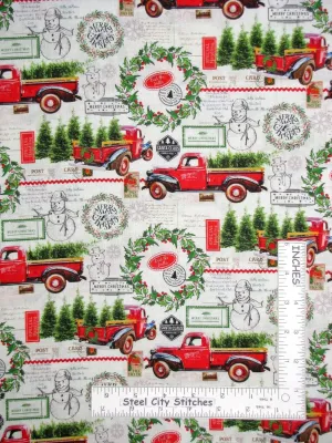 FlashPhoenix Quality Sewing Fabric – Christmas Fabric Deck The Halls Red Truck Postcard Cotton by The Yard Size: 36" x 44" Inches