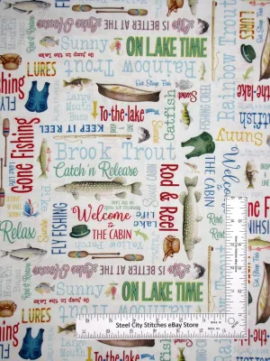 FlashPhoenix Quality Sewing Fabric –Fish Words Fabric Lakeside Fishing Keep It Reel 100% Cotton by Yard 36 x 44 Inches