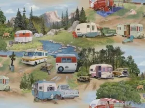 FlashPhoenix Quality Sewing Fabric - Vintage Trailers Fabric - Lakeside RV Camping Green - Yard 36 x 44 Inch