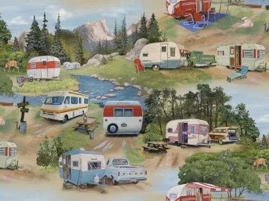 FlashPhoenix Quality Sewing Fabric - Vintage Trailers Fabric - Lakeside RV Camping Green - Yard 36 x 44 Inch