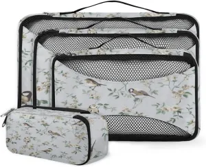 Flower Bird Branch Pattern 4 Piece Packing Travel Organizer Cubes Set Mesh Fabric Ventilate Design Lightweight Travel Accessories 4 Sizes (Extra Large, Large, Medium, Small)