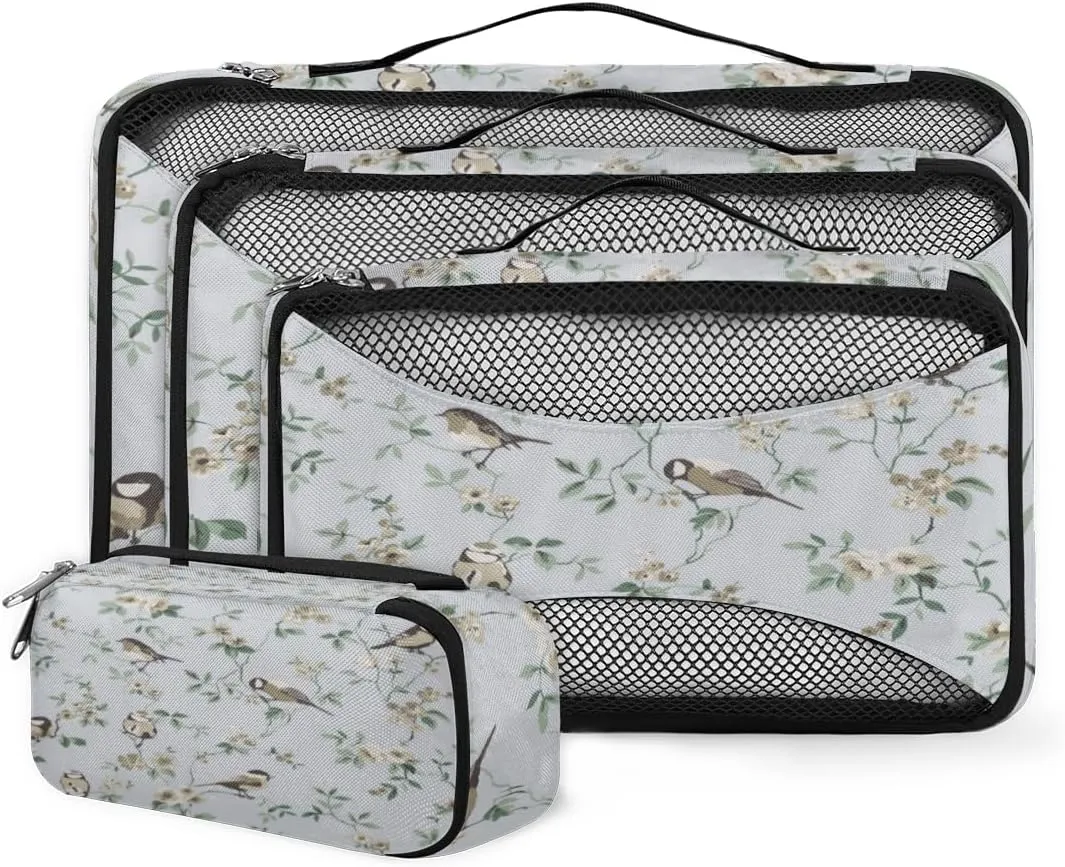 Flower Bird Branch Pattern 4 Piece Packing Travel Organizer Cubes Set Mesh Fabric Ventilate Design Lightweight Travel Accessories 4 Sizes (Extra Large, Large, Medium, Small)