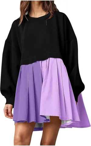 Flowy Dresses for Women Long Sleeve Color Block Patchwork Sweatshirt Dress Causal Loose Crewneck Pleated Pullover Top