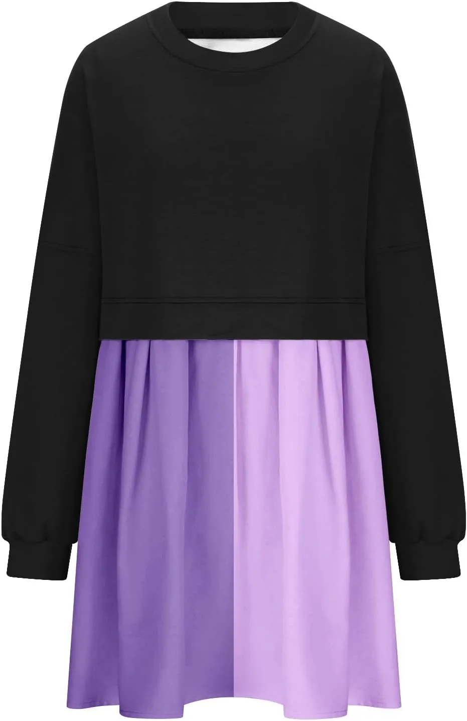 Flowy Dresses for Women Long Sleeve Color Block Patchwork Sweatshirt Dress Causal Loose Crewneck Pleated Pullover Top