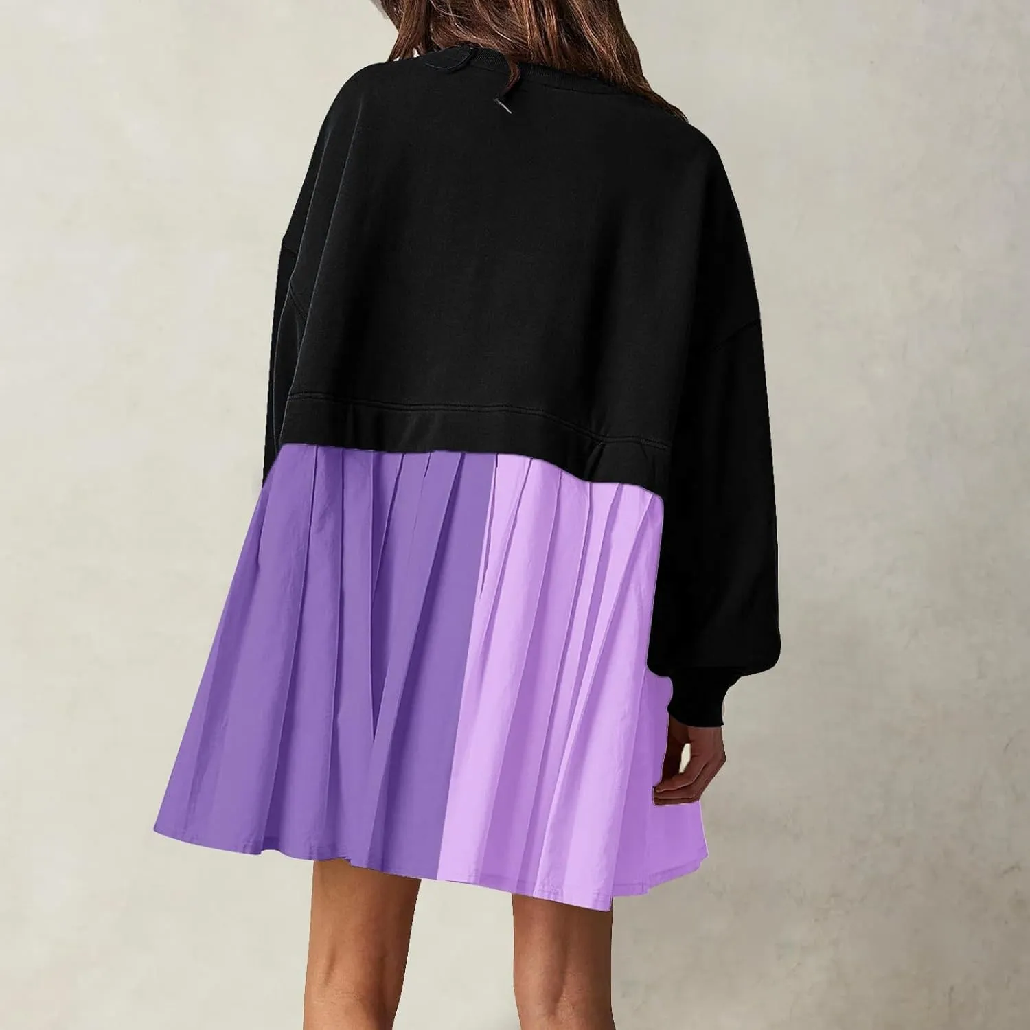 Flowy Dresses for Women Long Sleeve Color Block Patchwork Sweatshirt Dress Causal Loose Crewneck Pleated Pullover Top