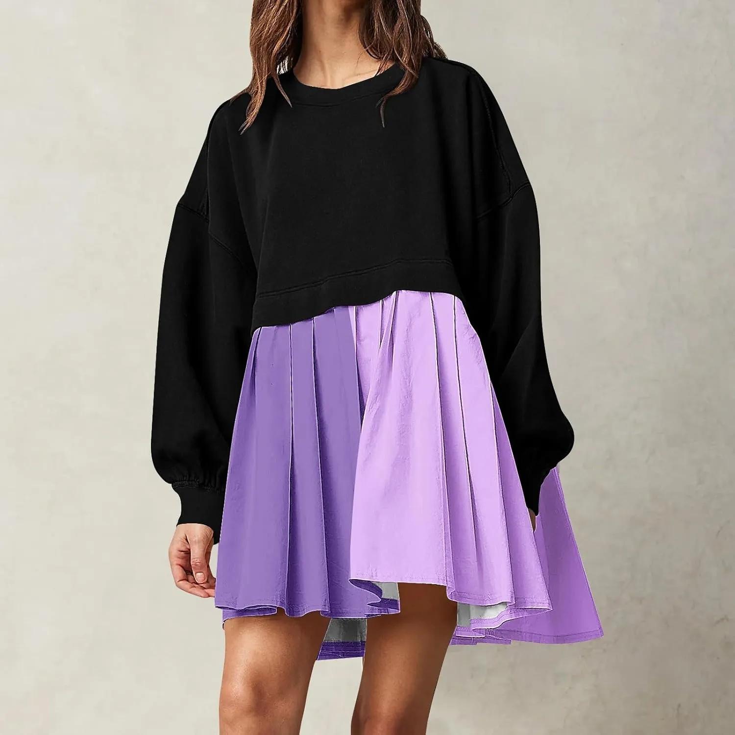 Flowy Dresses for Women Long Sleeve Color Block Patchwork Sweatshirt Dress Causal Loose Crewneck Pleated Pullover Top