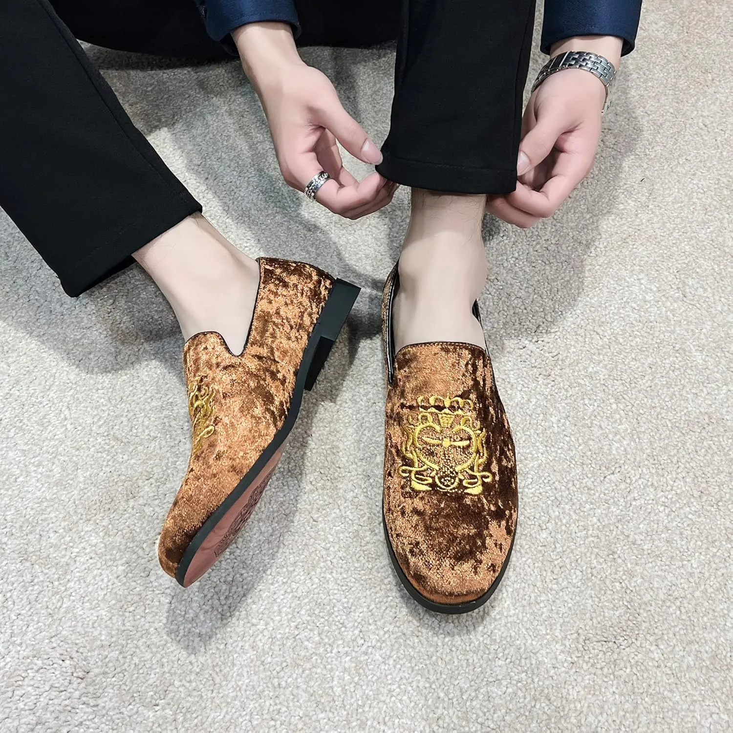 FLQL Men's Luxury Velvet Penny Loafers Shoes Embroidery Suede Dress Loafers Daily Boats Shoes for Party Wedding Prom Size 7-13