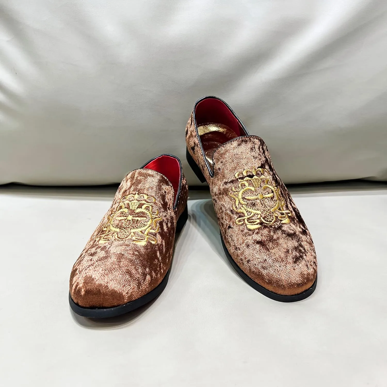 FLQL Men's Luxury Velvet Penny Loafers Shoes Embroidery Suede Dress Loafers Daily Boats Shoes for Party Wedding Prom Size 7-13