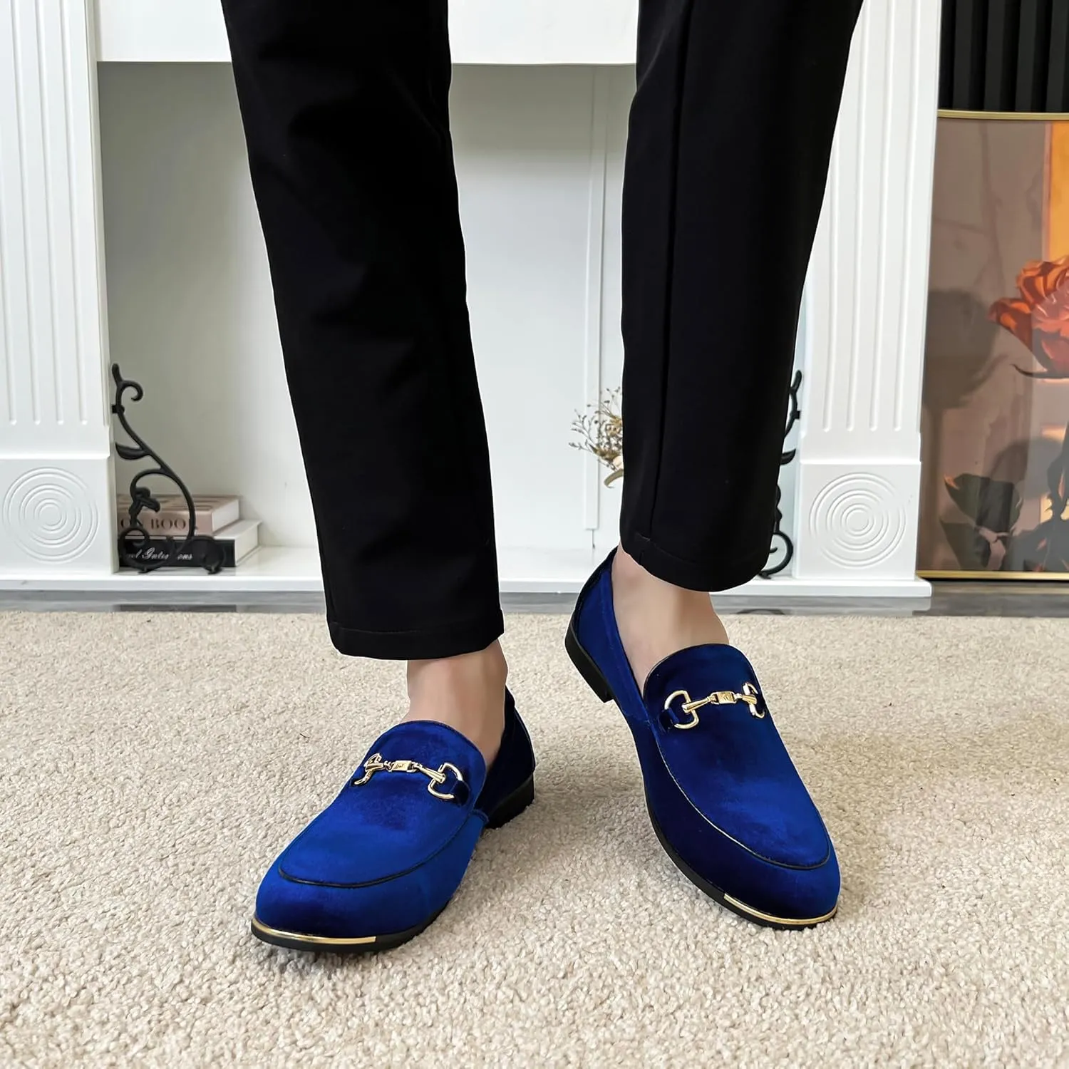 FLQL Men's Luxury Velvet Penny Loafers Shoes Embroidery Suede Dress Loafers Daily Boats Shoes for Party Wedding Prom Size 7-13
