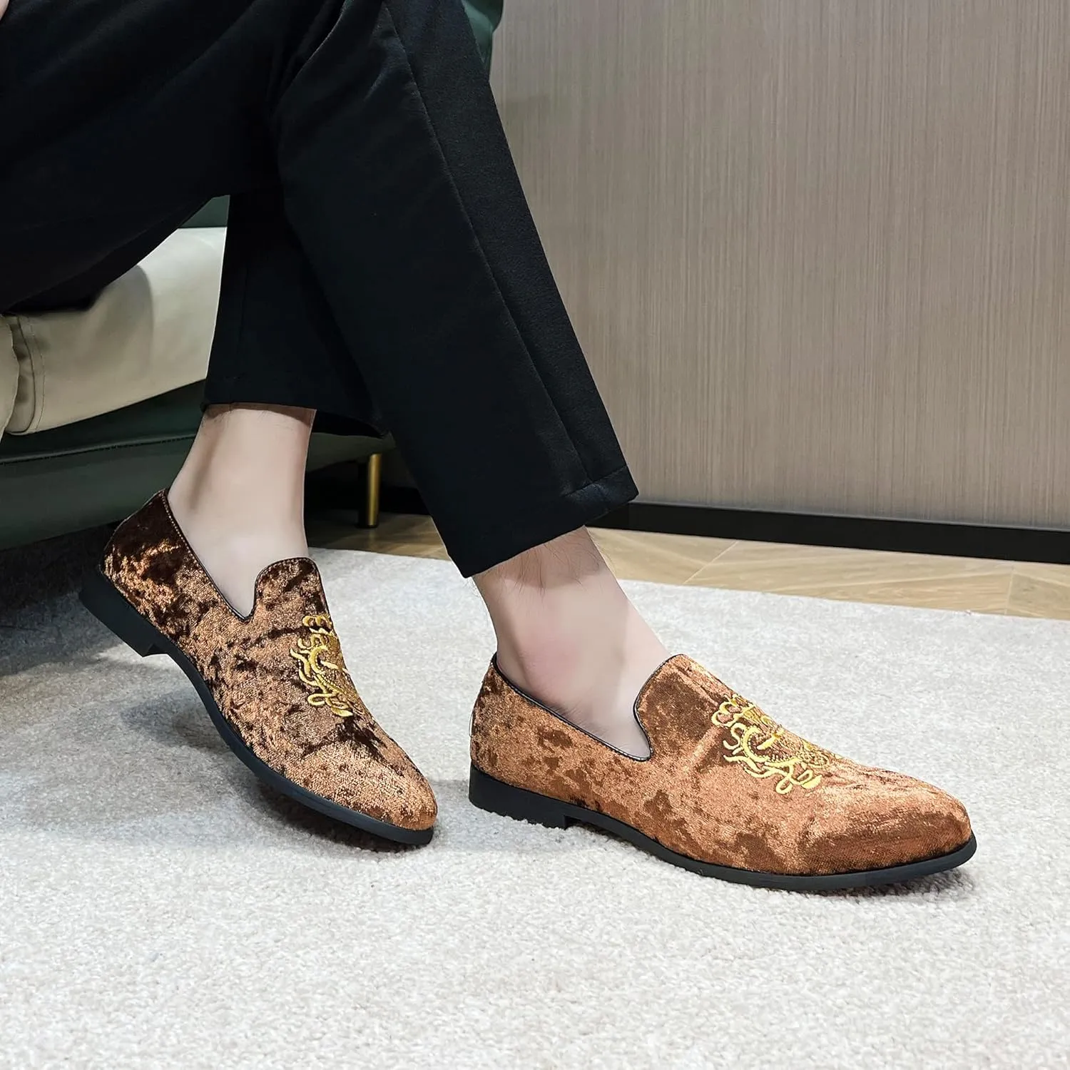 FLQL Men's Luxury Velvet Penny Loafers Shoes Embroidery Suede Dress Loafers Daily Boats Shoes for Party Wedding Prom Size 7-13