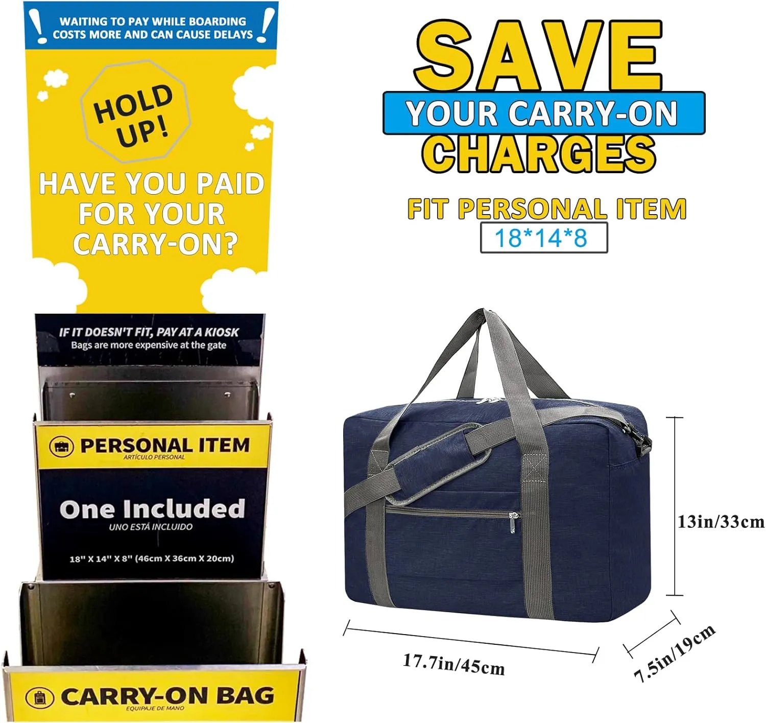 For Spirit Airlines Personal Item Bag 18x14x8 Foldable Carry on Bags for Airplanes Travel Duffel Bags for Women and Men