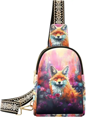 Fox Bag Small Sling Bag for Women Fox Flower Bush Oil Painting Leather Crossbody Bags Chest Bag Waist Packs