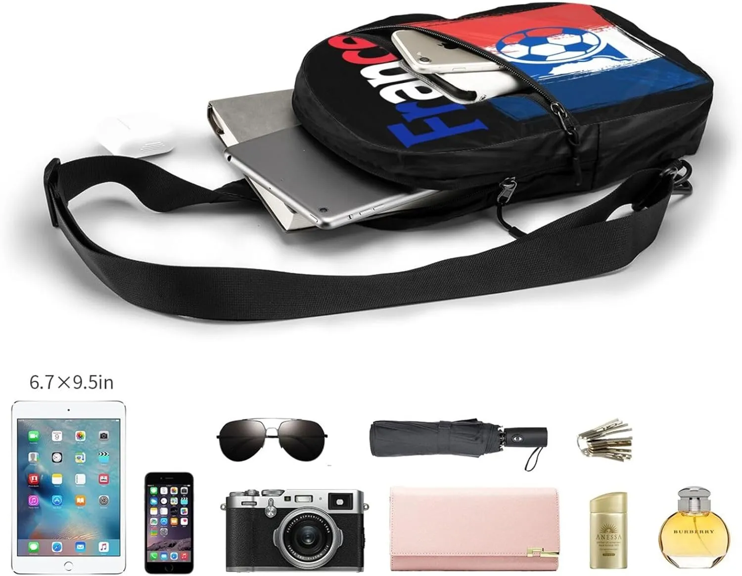 France French Football Soccer Flag Packable Crossbody Bag Portable Sling Bags Foldable Travel Daypack Reusable Sports Shoulder Backpack Diagonally Chest Bag for Workout