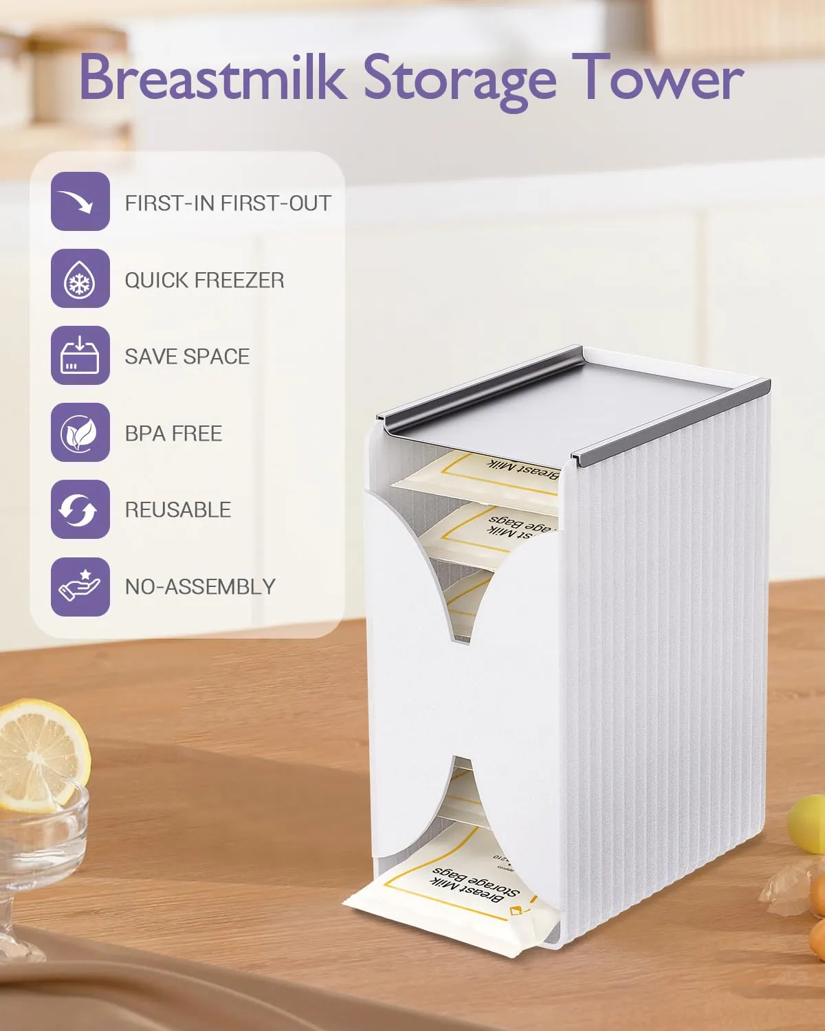 Freeze Organizer and Tower for Breastmilk Storage Bags, First-in First-Out Container Storing System with Quick-Freeze Tray to Freezing Breastmilk, Reusable and Breastfeeding Essentials