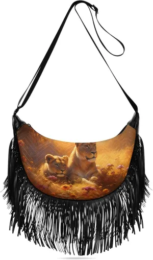 Fringe Hippie Purses Lions in Bush Print, Western Tassel Bags Crossbody Bags for Women with Adjustable Strap Fabric PU Material