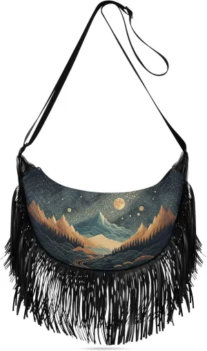 Fringe Hippie Purses Starry Night Sky Flat Print, Western Tassel Bags Crossbody Bags for Women with Adjustable Strap Fabric and PU Material