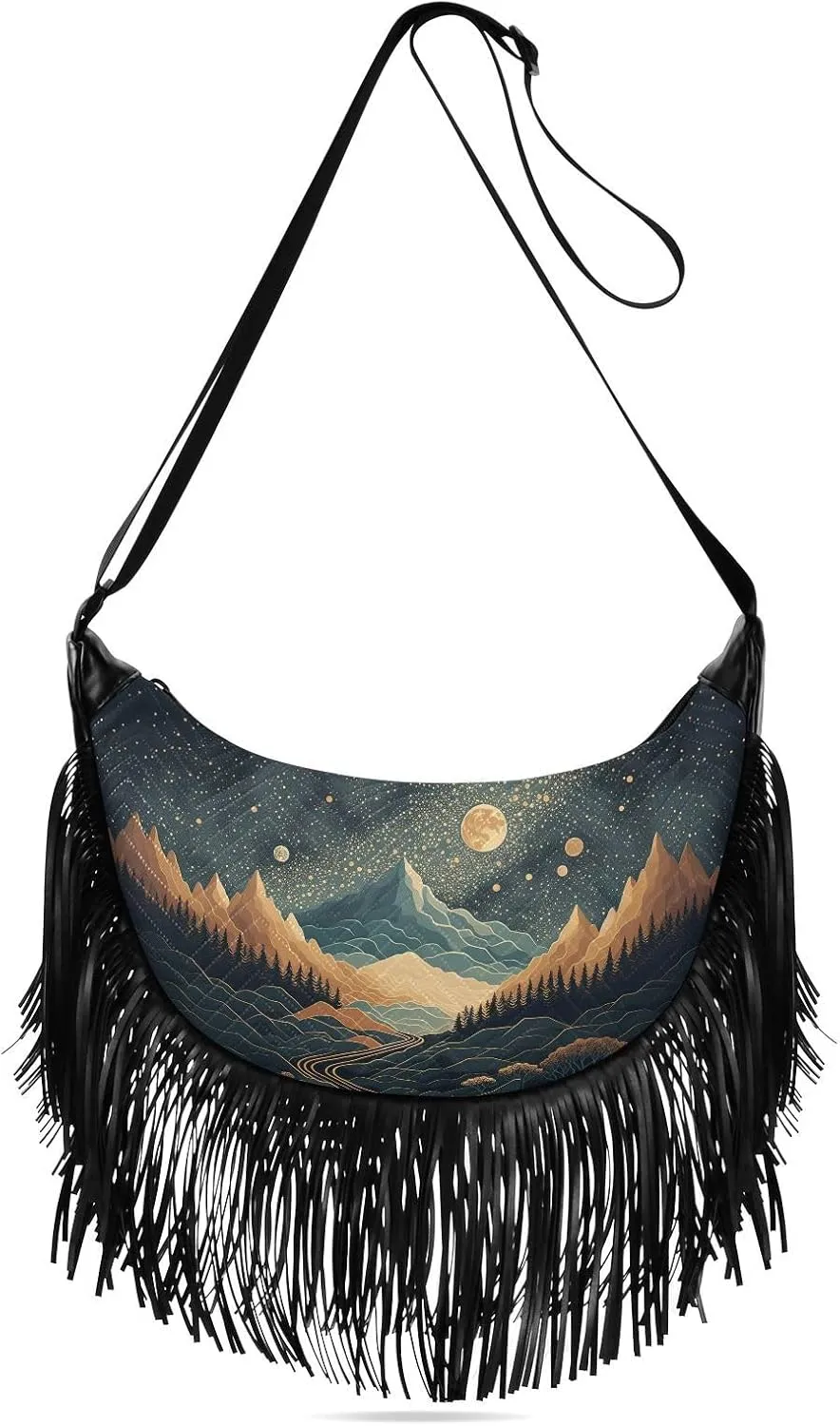 Fringe Hippie Purses Starry Night Sky Flat Print, Western Tassel Bags Crossbody Bags for Women with Adjustable Strap Fabric and PU Material