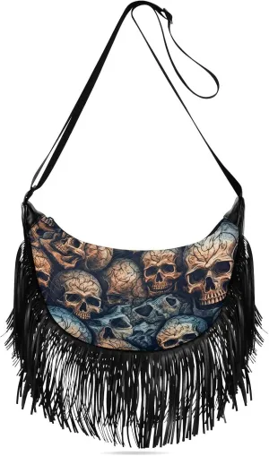Fringe Hippie Purses Vintage Skulls Pile Print, Western Tassel Bags Crossbody Bags for Women with Adjustable Strap Fabric and PU Material