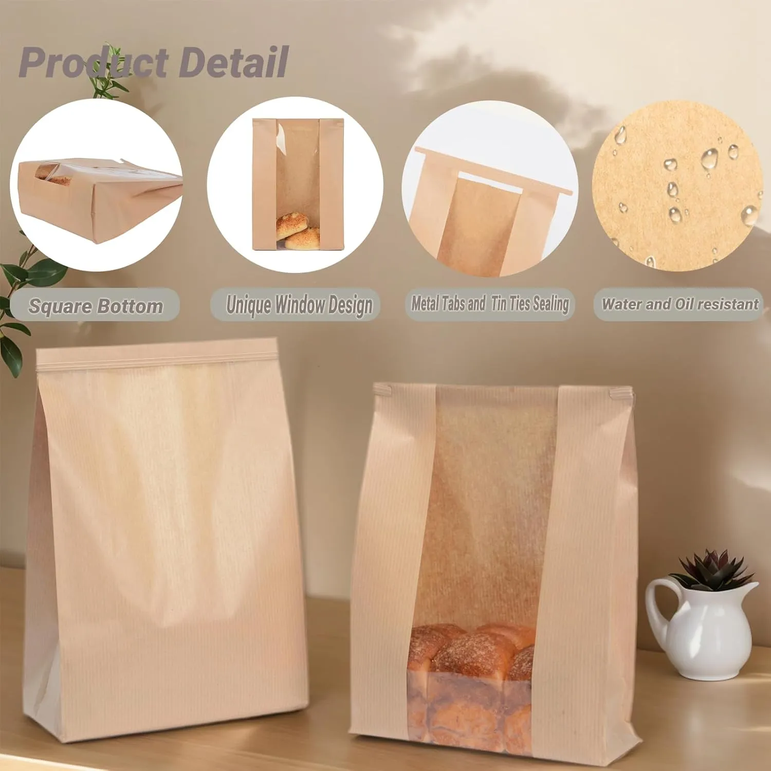 Funcoo 50 Reusable Brown Paper Bread Bags with Window/Ties, Large Bakery Bread Loaf Bags for Baked Goods Packaging, Label Seal sticker included
