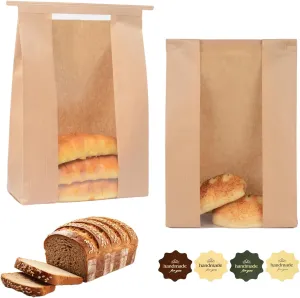 Funcoo 50 Reusable Brown Paper Bread Bags with Window/Ties, Large Bakery Bread Loaf Bags for Baked Goods Packaging, Label Seal sticker included