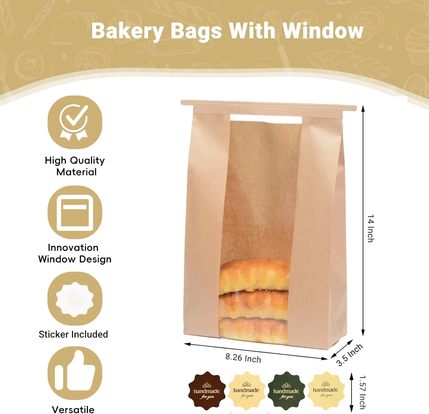 Funcoo 50 Reusable Brown Paper Bread Bags with Window/Ties, Large Bakery Bread Loaf Bags for Baked Goods Packaging, Label Seal sticker included