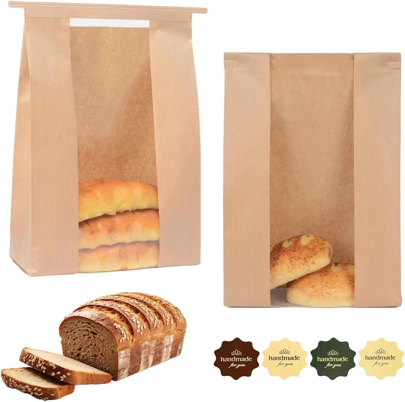 Funcoo 50 Reusable Brown Paper Bread Bags with Window/Ties, Large Bakery Bread Loaf Bags for Baked Goods Packaging, Label Seal sticker included