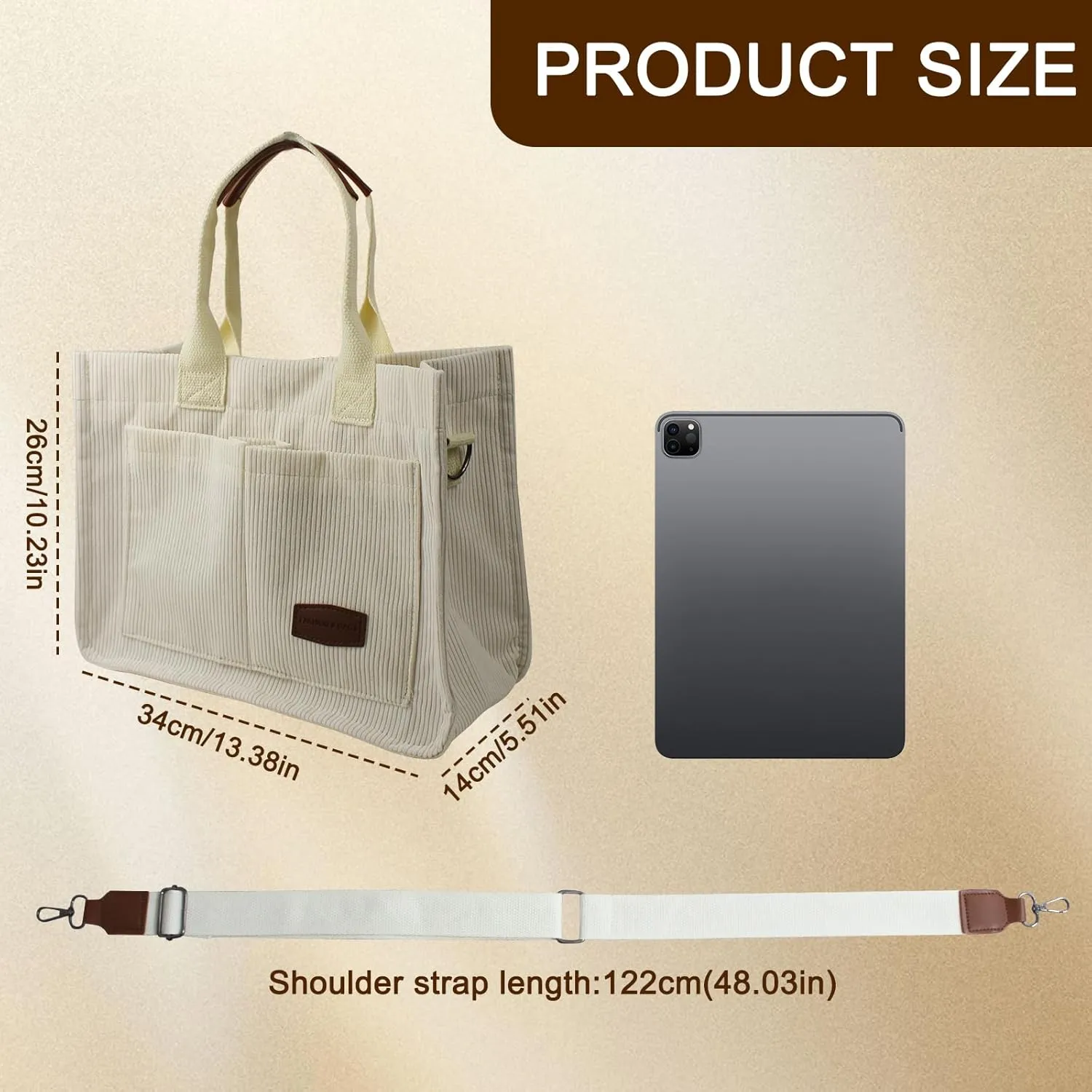 FuninCrea Corduroy Work Tote Bags for Women,Large Shoulder Bag Multiple Pockets Ladies Handbags with Removable Shoulder Strap