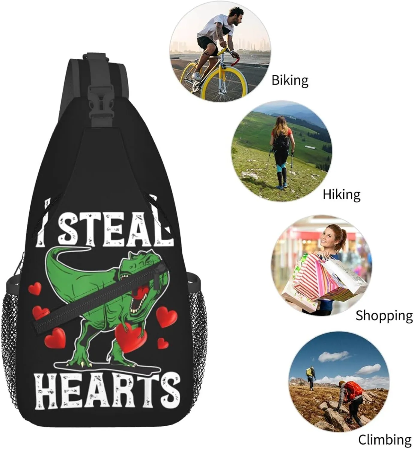 Funnyi Steal Hearts Dinosaur Chest Sling Bag Crossbody Shoulder Backpack Bag Gym Cycling Travel Hiking Daypack Cross Bag