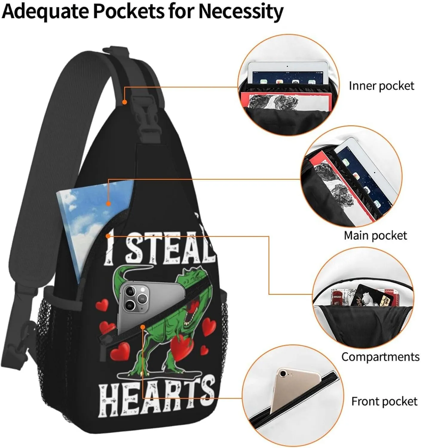 Funnyi Steal Hearts Dinosaur Chest Sling Bag Crossbody Shoulder Backpack Bag Gym Cycling Travel Hiking Daypack Cross Bag