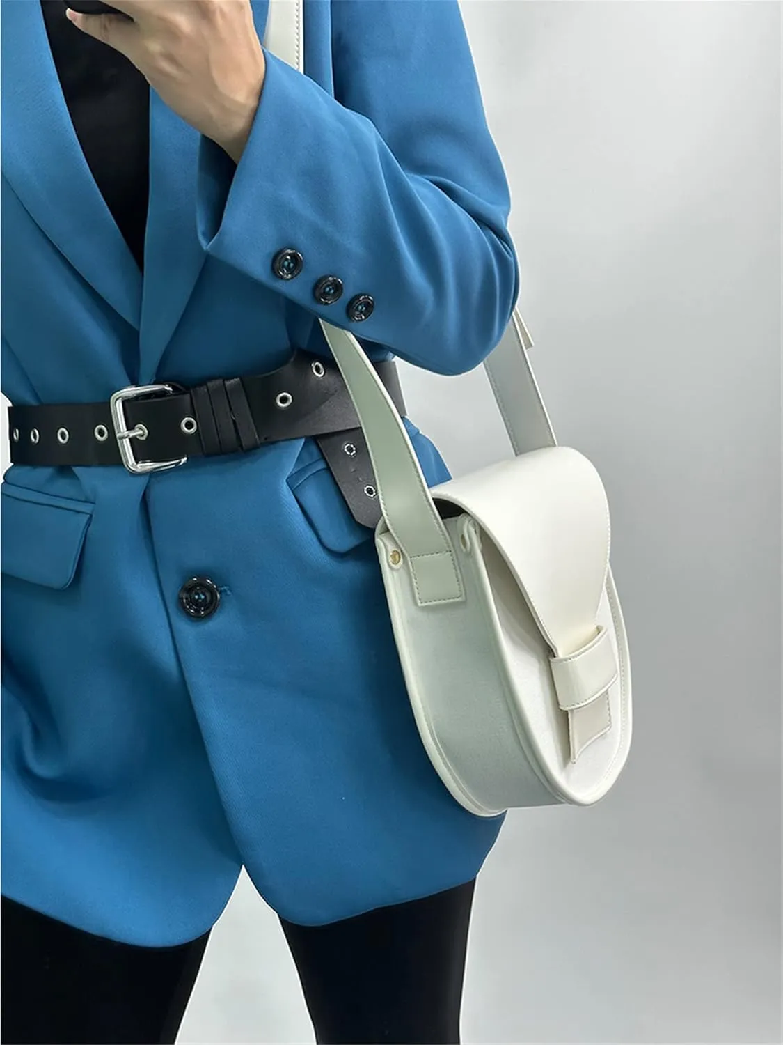 FURINFASHION GR-85 New Arrivals Big Leather Bags For Women With Canvas Patchwork Large Capacity Cross Body Shoulder Bag Handbag Wide Strap (One Size, White)