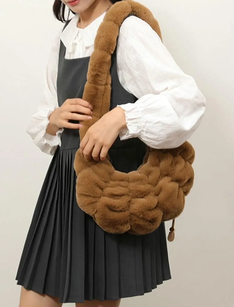 Fuzzy Croissant Bag Puffer Satchel Handbag for Women Quilted Shoulder Bag Ladies Women Hobo Bag Purse Tote Bag Carryall