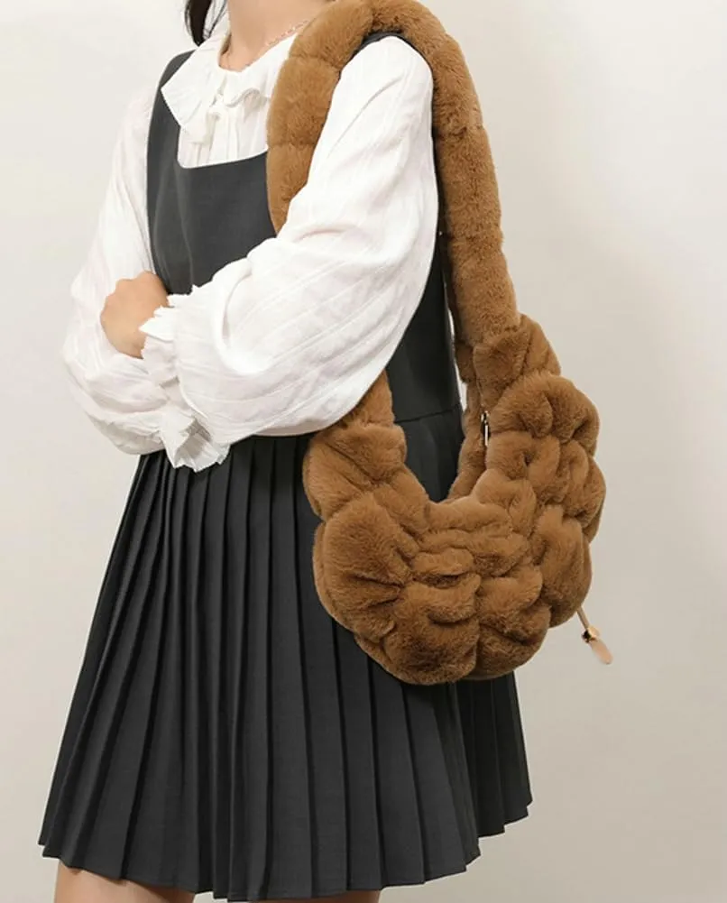 Fuzzy Croissant Bag Puffer Satchel Handbag for Women Quilted Shoulder Bag Ladies Women Hobo Bag Purse Tote Bag Carryall
