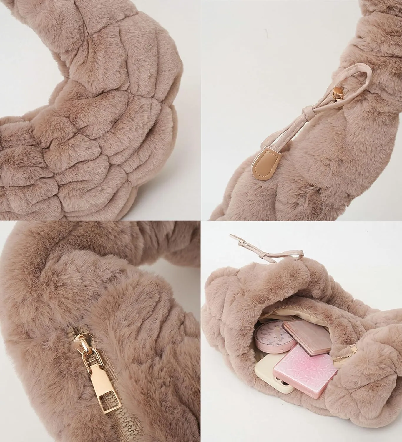Fuzzy Croissant Bag Puffer Satchel Handbag for Women Quilted Shoulder Bag Ladies Women Hobo Bag Purse Tote Bag Carryall