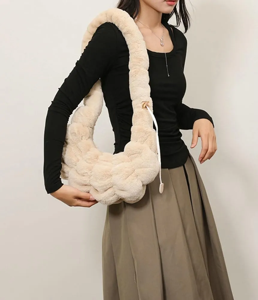 Fuzzy Croissant Bag Puffer Satchel Handbag for Women Quilted Shoulder Bag Ladies Women Hobo Bag Purse Tote Bag Carryall