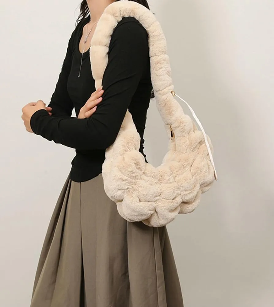 Fuzzy Croissant Bag Puffer Satchel Handbag for Women Quilted Shoulder Bag Ladies Women Hobo Bag Purse Tote Bag Carryall