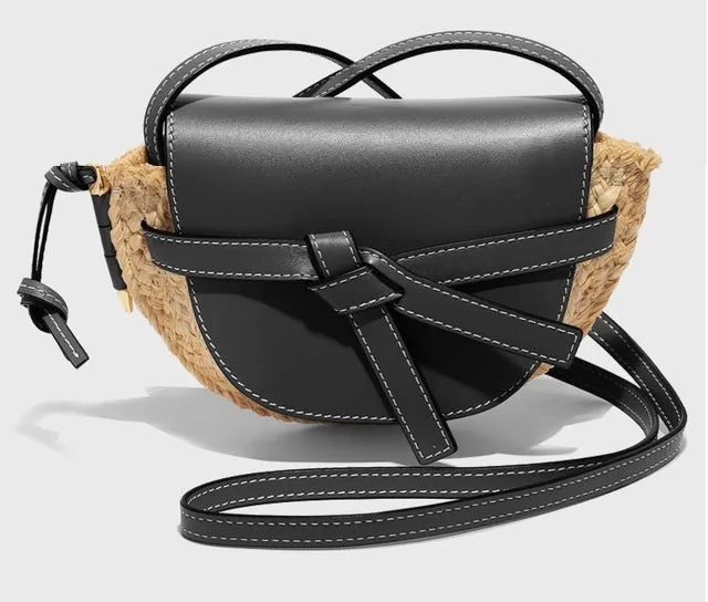Genuine Leather Patchwork Straw Bags