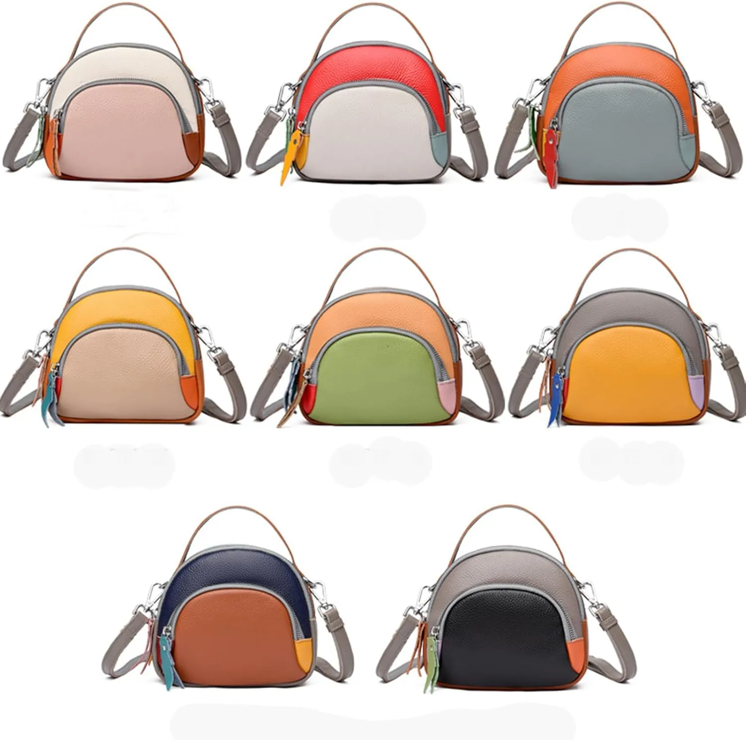 Genuine Leather Shoulder Bags for women,color blocking cowhide crossbody bags,multi layered handbag,Triple Zip Purses