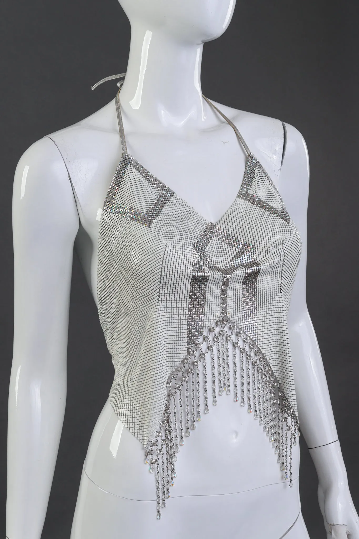 Geo Bead Fringe Metal Mesh Halter Top