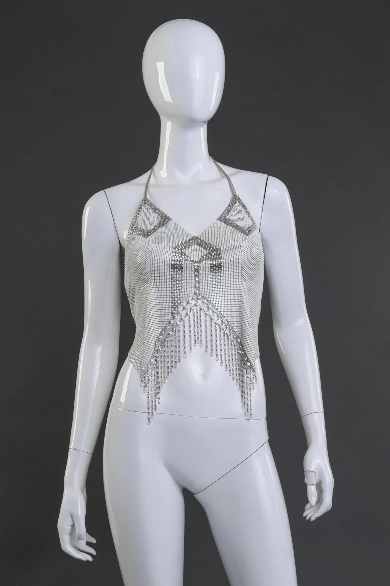 Geo Bead Fringe Metal Mesh Halter Top