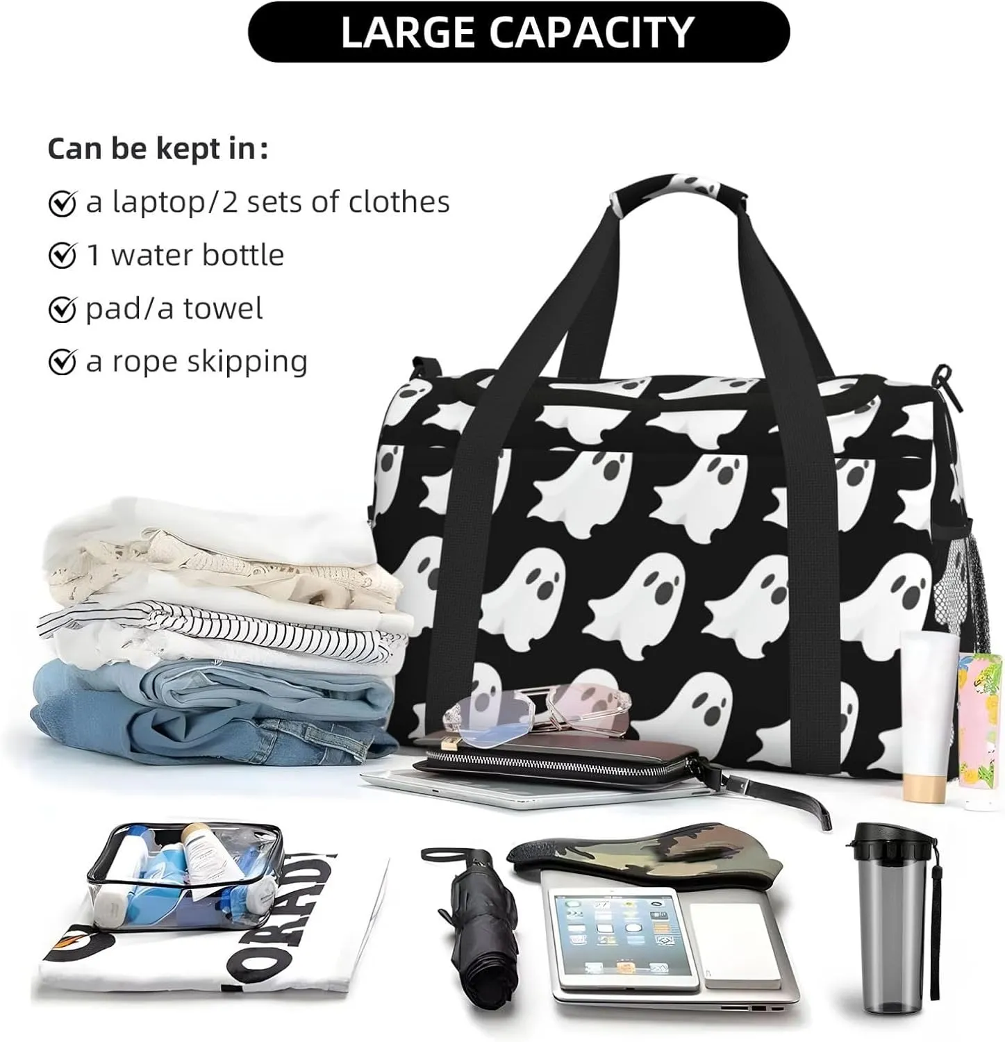 Ghost Halloween Pattern Travel Duffel Bag With Zippers And Handles, Big Foldable Duffle Bag For Family Vacations