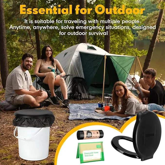 Glenmal 5 Gallon Bucket Portable Camping Toilet Seat Toilet Bags and Toilet Seat Covers Set Emergency Toilet Seat Waste Potty Bags Disposable Paper Toilet Liners for Adult Kid Camping Hiking
