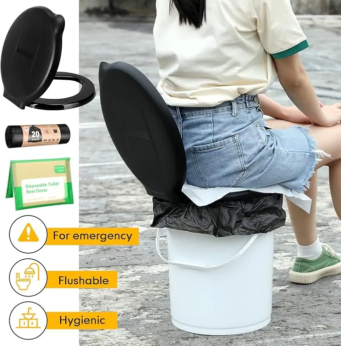 Glenmal 5 Gallon Bucket Portable Camping Toilet Seat Toilet Bags and Toilet Seat Covers Set Emergency Toilet Seat Waste Potty Bags Disposable Paper Toilet Liners for Adult Kid Camping Hiking