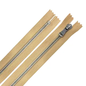 Glossy 5MM or 8MM One-Way Non-Separating Closed Bottom Zipper, Beige/Antique Nickel | 7"  Length