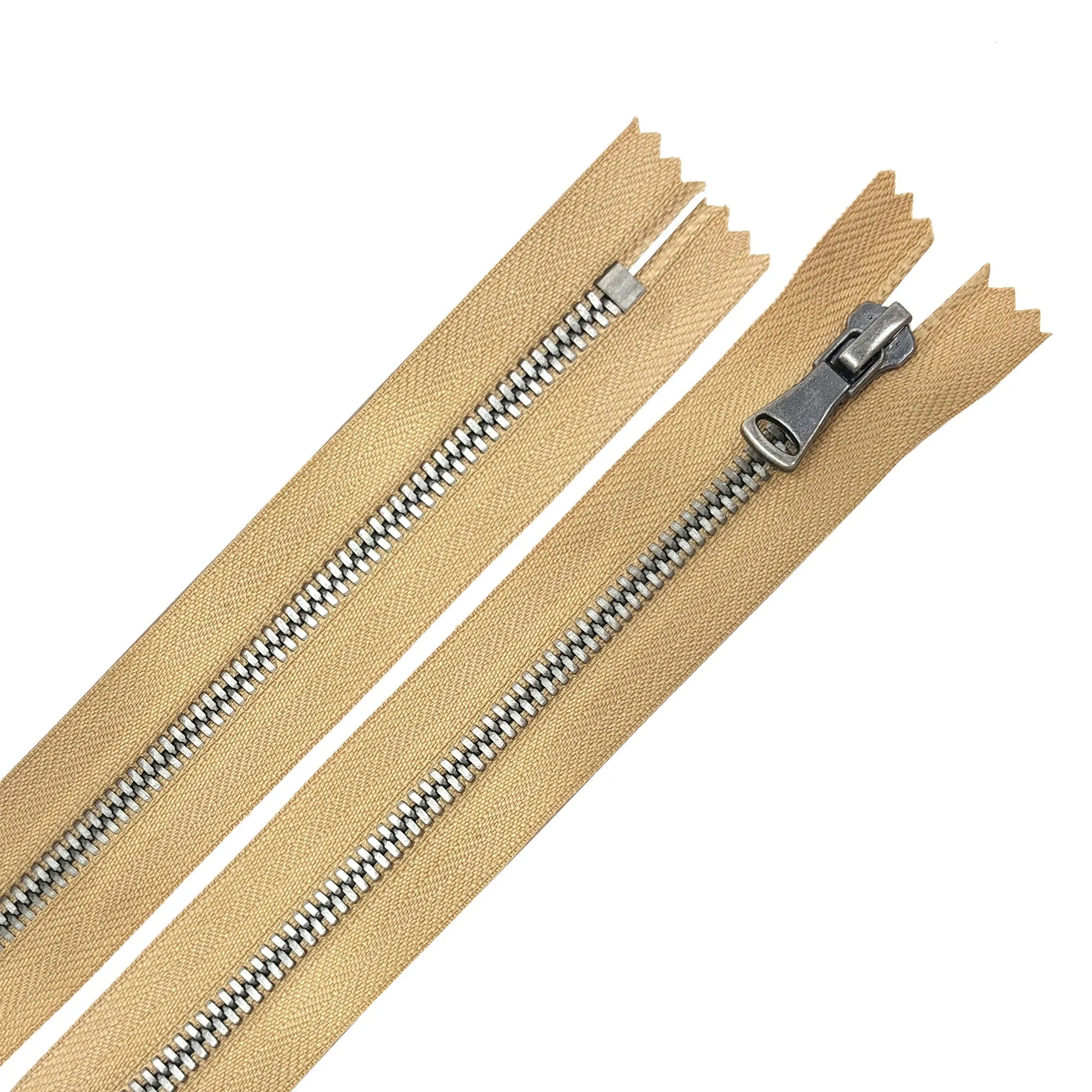 Glossy 5MM or 8MM One-Way Non-Separating Closed Bottom Zipper, Beige/Antique Nickel | 7"  Length